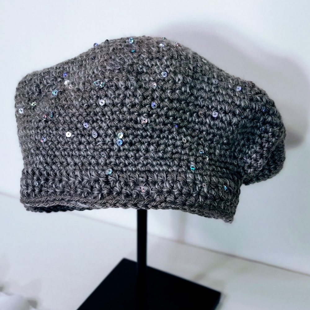 New Sequined Gray Handmade Crocheted Fall Beanie Hat